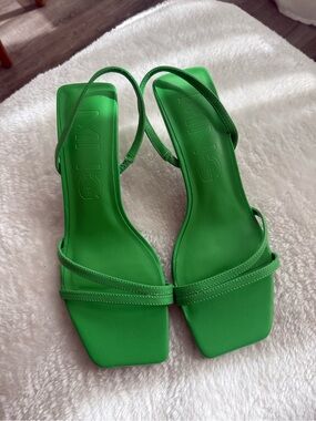 Ing Bright Green Square-Toe Strappy Slingback Heels